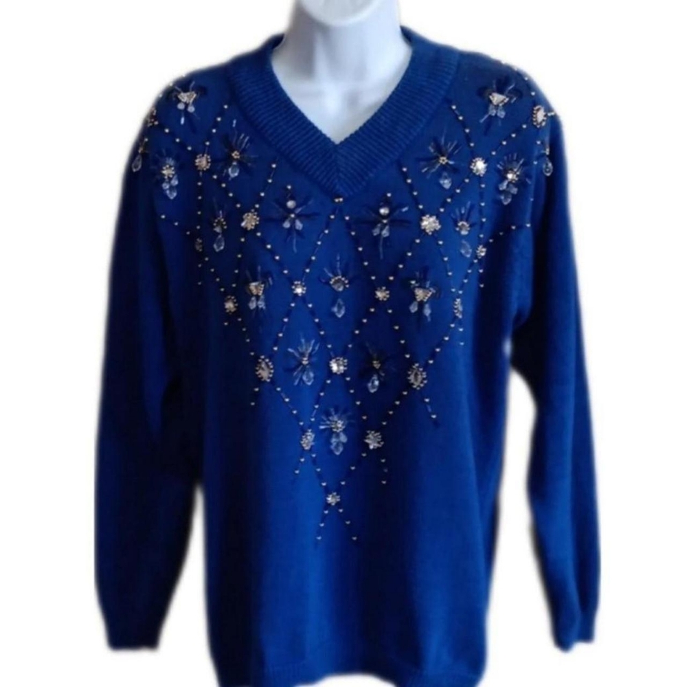 Holiday Bling Tacky Winter Sweater With Beads & Embellishments Vintage Christmas